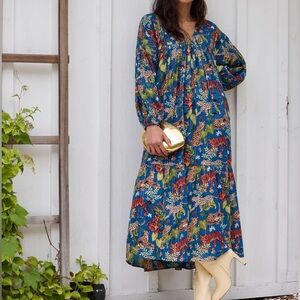 Printfresh Day Tripper Maxi Dress XS Feline Fatale Flowy Long Sleeves Teal Tiger